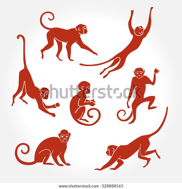 座る ジャンプする 走る ぶら下がる 歩く 立っている楽しい猿のシルエット 分離型ベクターイラスト のベクター画像素材 ロイヤリティフリー