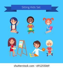 Sitting kids set isolated vector illustration on light blue background. Pupils gaining new knowledge and skills during classes at school
