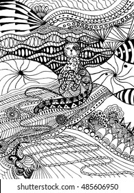 Sitting kitten in zentangle style. Vector hand drawn sketch little cat with floral ornament. Adult antistress coloring page. Doodle. Line art. Decorative element for T-shirt emblem, tattoo, logo