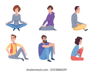 Sitting knees. People male and female sitting on floor different poses exact vector cartoon people