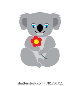 Sitting Koala Bear with flower. Australian marsupial animal cartoon illustration. Children Character. Vector image.