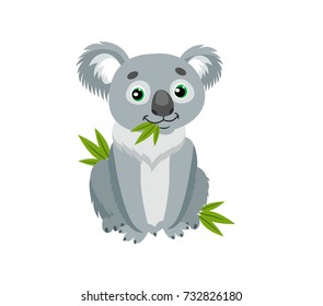 Sitting Koala Bear Vector. Australian Animal Cartoon illustration Character.Koala Sitting On Eucalyptus.