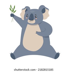 Sentado koala con hojas de eucalipto. Marsupial arboreal, ilustración de vector de oso tropical furtivo