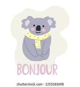 Sitting koala said bonjour, hand drawn icon. Vector illustration for greeting card, kids wear, t shirt, social network stickers, posters design.