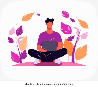 Sentado con laptop en la naturaleza - Hombre con computadora al aire libre trabajando en paz y soledad. Concepto de trabajo desde cualquier lugar, ilustración vectorial