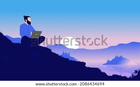 Sitting with laptop in nature - Man with computer outdoors working in peace and solitude. Work from anywhere concept, vector illustration