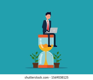 Sitting with laptop on giant hourglass. Time management in everyday life concept, Happy cartoon character vector design