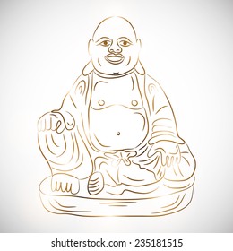 Sitting laughing Buddha in traditional clothes on grey background.