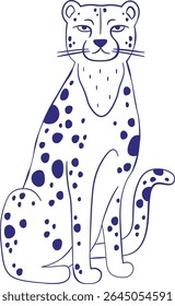 Um leopardo sentado com pontos distintos desenhados em um estilo de linha limpo. A postura equilibrada do felino e o pelo estampado são retratados com contornos suaves. Ilustração de vetor de desenhos animados.