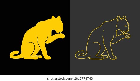 Sitting leopard grooming itself gold graphic icon with predator, grooming