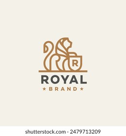 Sitting lion with a shield heraldic logo design template. Linear graphic style. Vector illustration.