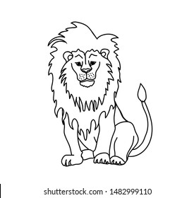 Sitting lion vector illustration. African animal black and white line drawing.