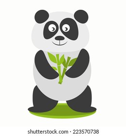 Sitting little cute panda with green bamboo isolated on white background