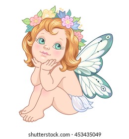 Sitting little fairy. Cute cartoon character isolated on white background