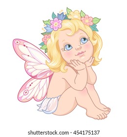 Sitting little fairy. Cute cartoon character isolated on white background
