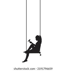 sitting long-haired girl on a swing with a bird, silhouette illustration image isolated on white background.