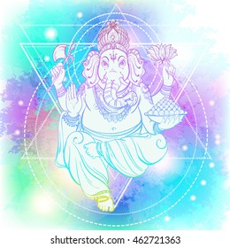 Sitting Lord Ganesha over watercolor background with sacred geometry. Vector illustration. Indian, Buddhism, Spiritual motifs. Tattoo, yoga, spirituality