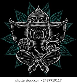 Sitting Lord Ganesha with peony flower isolated on white. Sacred geometry. Vintage decorative composition. Indian, Boho, Buddhism, tattoo, yoga, spirituality. Coloring book for adults
