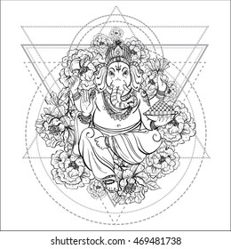 Sitting Lord Ganesha with peony flower isolated on white. Sacred geometry. Vintage decorative composition. Indian, Boho, Buddhism, tattoo, yoga, spirituality. Coloring book for adults