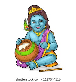 Sitting lord Krishna with pot and flute for poster Happy Janmashtami festival. Engraving vintage vector color illustration. Isolated on white background. Hand drawn design element