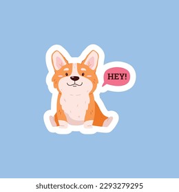 Sitting lovely corgi dog saying Hey, flat cartoon vector illustration isolated on color background. Adorable cute corgi dog pet character for stickers and decoration.