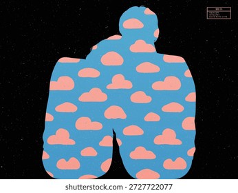 Os amantes sentados modelaram a silhueta. Nuvens de desenhos animados sobre fundo azul