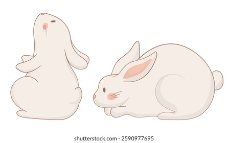 Sitting and lying bunny icon. One rabbit sits upright with perked ears, while the other lies down comfortably. Minimalist animal illustration conveying attentiveness and relaxation