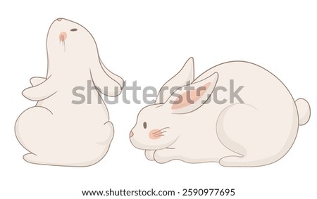 Sitting and lying bunny icon. One rabbit sits upright with perked ears, while the other lies down comfortably. Minimalist animal illustration conveying attentiveness and relaxation