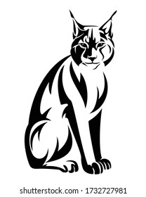 Sitting Lynx Black And White Vector Outline - Wild Bobcat Monochrome Design