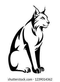 sitting lynx design - wild bobcat black and white vector outline