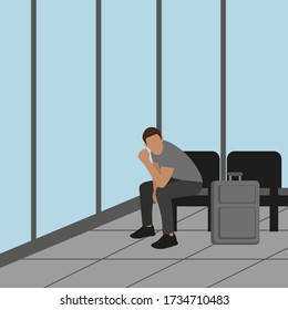 Sitting male character with a suitcase in a room with panoramic windows