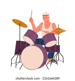 Sitting male drummer playing drums. Musical performance, drumming sticks, drum kit, band rock festival concert, rhythmic musical instrument, make beat vector illustration