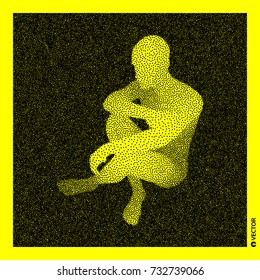 Sitting man. 3D Human Body Model. Black and yellow grainy design. Stippled vector illustration.