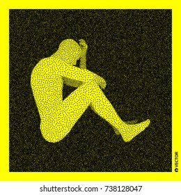 Sitting man. 3D Human Body Model. Black and yellow grainy design. Stippled vector illustration.