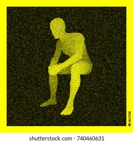 Sitting man. 3D Human Body Model. Black and yellow grainy design. Stippled vector illustration.