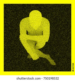 Sitting man. 3D Human Body Model. Black and yellow grainy design. Stippled vector illustration.
