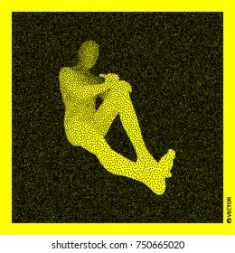 Sitting man. 3D Human Body Model. Black and yellow grainy design. Stippled vector illustration.