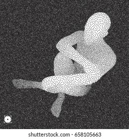 Sitting man. 3D Model of Man. Black and white grainy dotwork design. Stippled vector illustration.