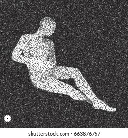 Sentado. Modelo 3D de hombre. Diseño de cutícula de grano negro y blanco. Ilustración vectorial resistente.