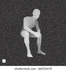 Sitting man. 3D Model of Man. Black and white grainy dotwork design. Stippled vector illustration.