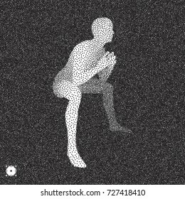 Sitting man. 3D Model of Man. Black and white grainy design. Stippled vector illustration.
