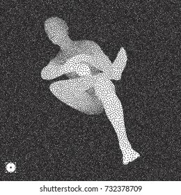 Sitting man. 3D Model of Man. Black and white grainy design. Stippled vector illustration.
