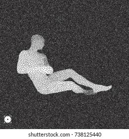 Sitzender Mann. 3D-Modell des Menschen. Schwarz-Weiß-graues Design. Verstopfte Vektorgrafik.