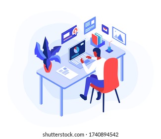 A sitting man is analyzing and making research on finance or business plans for some company. Stay home and work remotely conception. The picture is decorated with graphics, pop-up windows. Vector