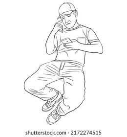 Sitting man in casual clothes holding mobile phone. Cartoon style. Black and white linear silhouette.