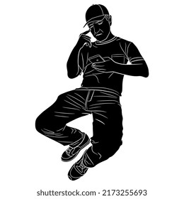 
Sitting man in casual clothes holding mobile phone. Black and white negative silhouette.