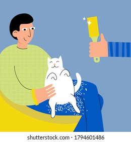 Sitting man and a cat and a lot of fur on his knees vector illustration. Lint roller commercial concept.