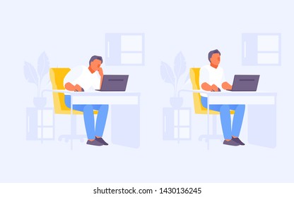 Sitting man with correct and incorrect posture. Vector illustration