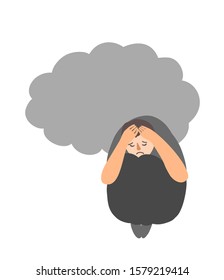Sitting man in depression under grey cloud. Vector metaphor for lonely depressed person in stress, psychology problem