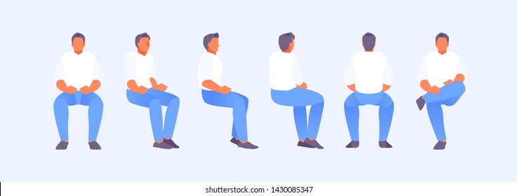 Sitting man from different sides of the review. Front, side, rear view, isometric view. Rotation and animation. Vector illustration